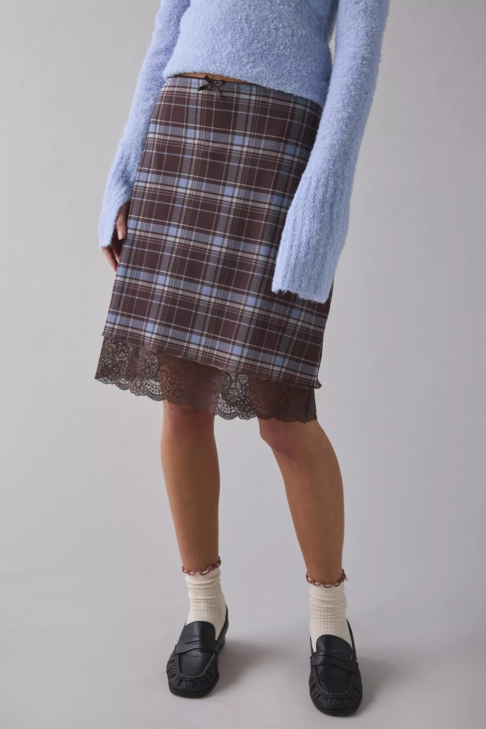 UO Suky Plaid Mesh Lace Trim Slip Midi Skirt | Urban Outfitters (US and RoW)