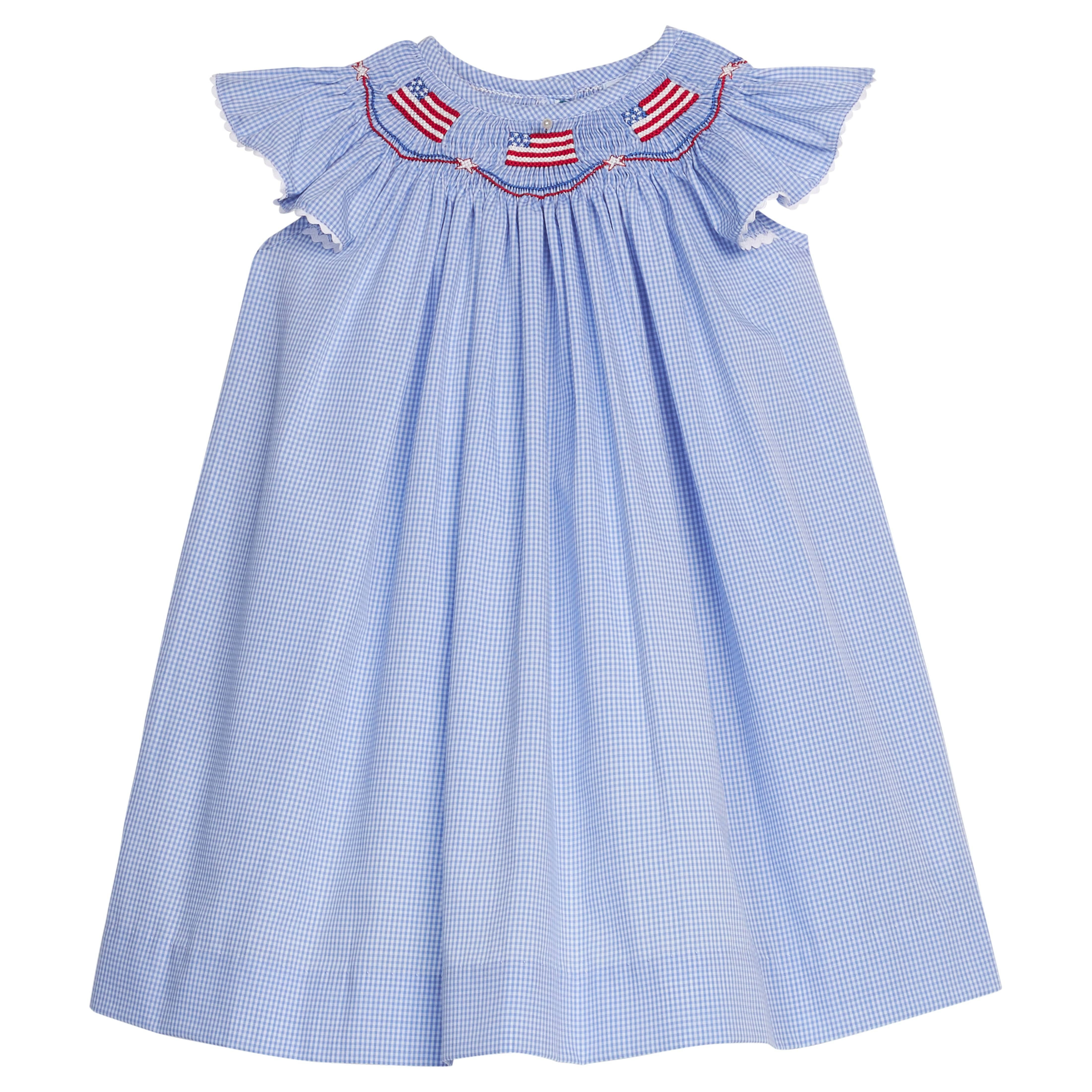 Smocked American Flag Bishop Dress - Royal Gingham Girl Dress | Little English