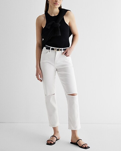 Mid Rise White Ripped Boyfriend Jeans | Express