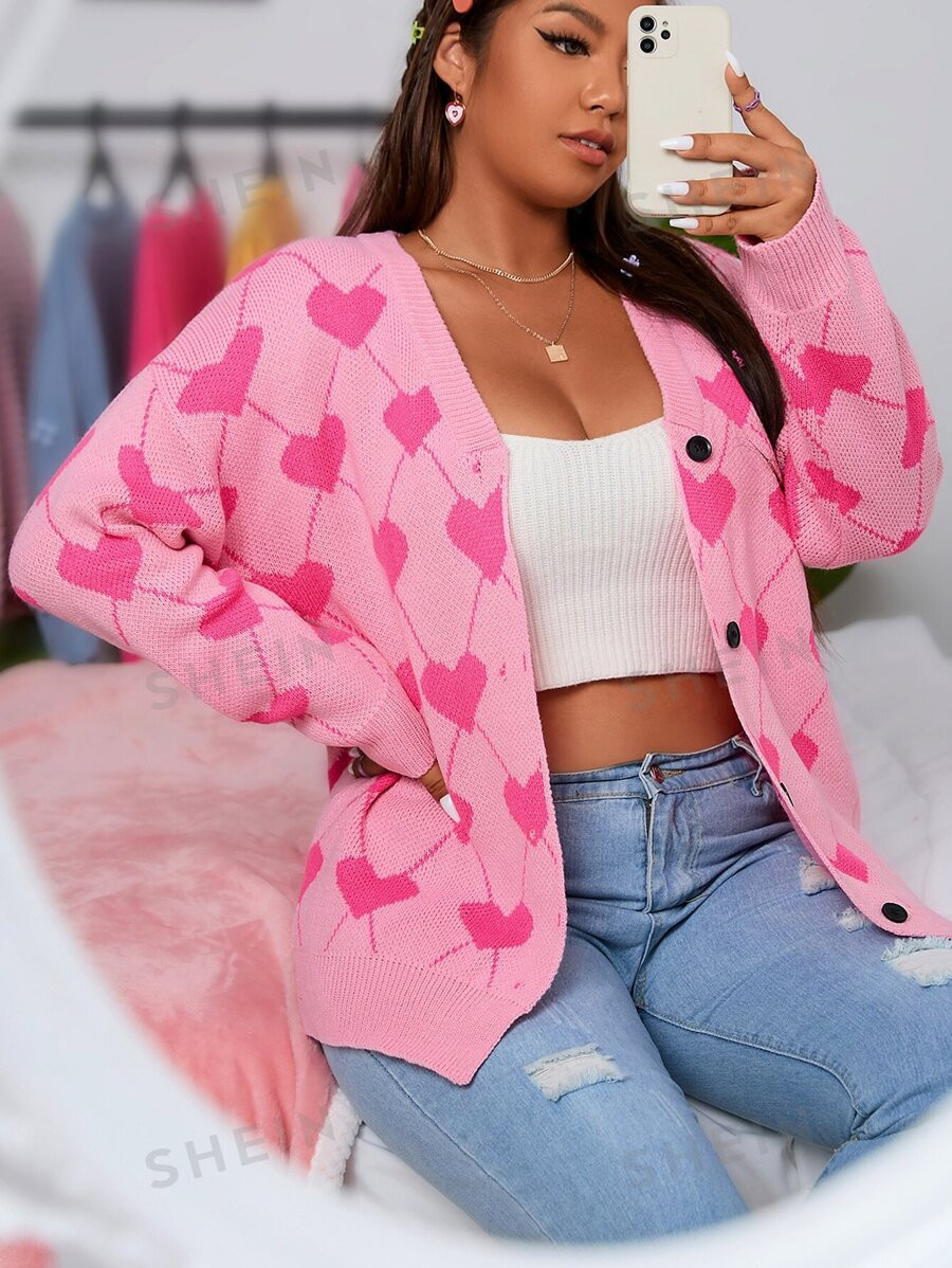 SHEIN Qutie Plus Heart & Argyle Pattern Drop Shoulder Cardigan | SHEIN
