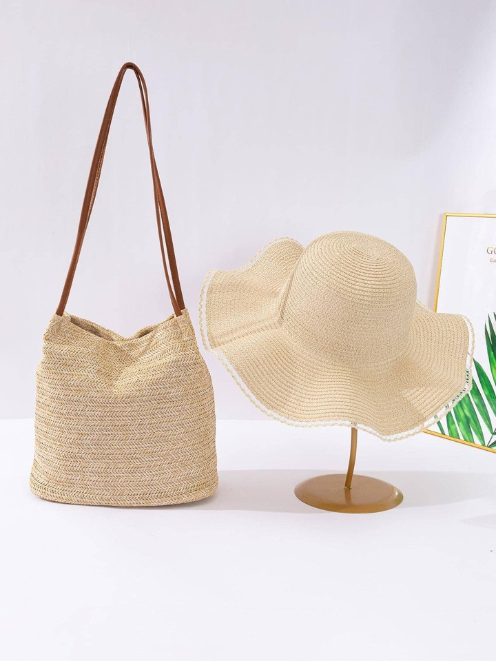 2pcs Women's Fashionable And Versatile Straw Woven Tote Bag And Beach Sun Hat Set, Suitable For C... | SHEIN