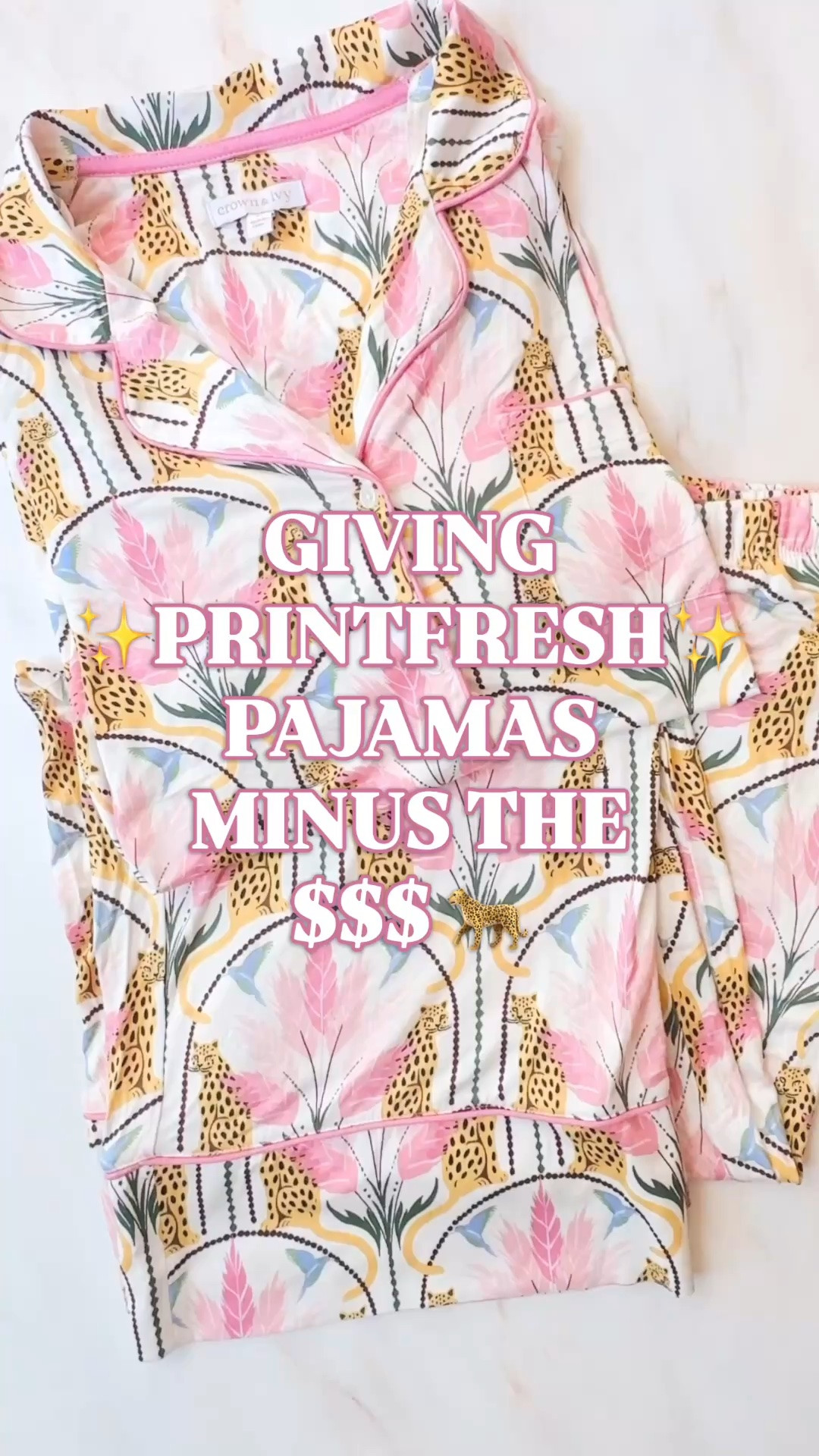 Printfresh pajamas look for less | printed pajama set women | modal pajamas | gift ideas for women

The $158 Printfresh Bagheera pajama feeling, minus the triple digit price tag. This Crown & Ivy set brings the same colorful, collected designer language through spotted jungle cats, tropical foliage, a whimsical illustrated repeat and fresh pastels.

The pink piping around the collar, chest pocket, sleeves and pant hems makes the Printfresh connection especially clear. The Crown & Ivy print takes its own Art Deco tropical direction with symmetrical cats, graphic arches and pink plumes, so the comparison is in the visual codes rather than an identical print.

Printfresh uses crisp organic cotton poplin, while this Belk-exclusive set is modal for a softer, drapier feel. It includes a short-sleeve button-front top and matching long pants with a 28-inch inseam. It is machine washable.

These are the pajamas I would happily wear for slow mornings, girls’ trips, vacation, bridal-party prep or Christmas morning. They would make a fabulous gift for a mother, sister, daughter or friend who appreciates pajamas with personality.

Printfresh inspired pajamas, Printfresh Bagheera look for less, Crown and Ivy pajamas, Belk pajama set, women’s pajama set, printed pajamas women, modal pajama set, button front pajamas, short sleeve pajamas, tropical print pajamas, animal print pajamas, matching lounge set, cute pajamas women, luxury pajamas look for less, girls trip pajamas, vacation pajamas, Christmas pajamas women, gifts for women

#LTKFindsUnder50 #PreppyStyle #LookForLess #Printfresh #PajamaSet #GiftIdeas #PJSet #AestheticPajamas

#LTKSaleAlert #LTKTravel #LTKHome