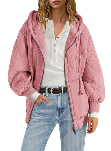 Yanekop Womens Lightweight Quilted Jacket Oversized Zip Up Hoodies Casual Long Sleeve Jacket Warm Winter Coat with Hood(Dusty Pink,M) | Amazon (US)