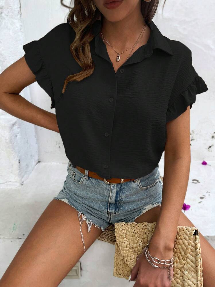 EMERY ROSE Solid Ruffle Cuff Button Front Shirt | SHEIN