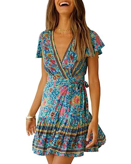 Imysty Womens V Neck Bohemian Floral Print Summer Beach Vintage Party Wrap Mini Dress with Belt | Amazon (US)