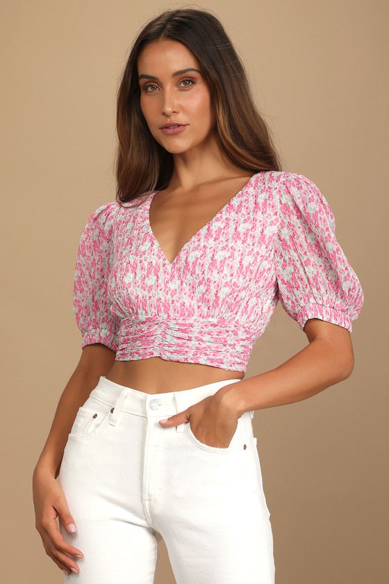 Picked for You Pink Floral Print Pleated Tie-Back Crop Top | Lulus (US)