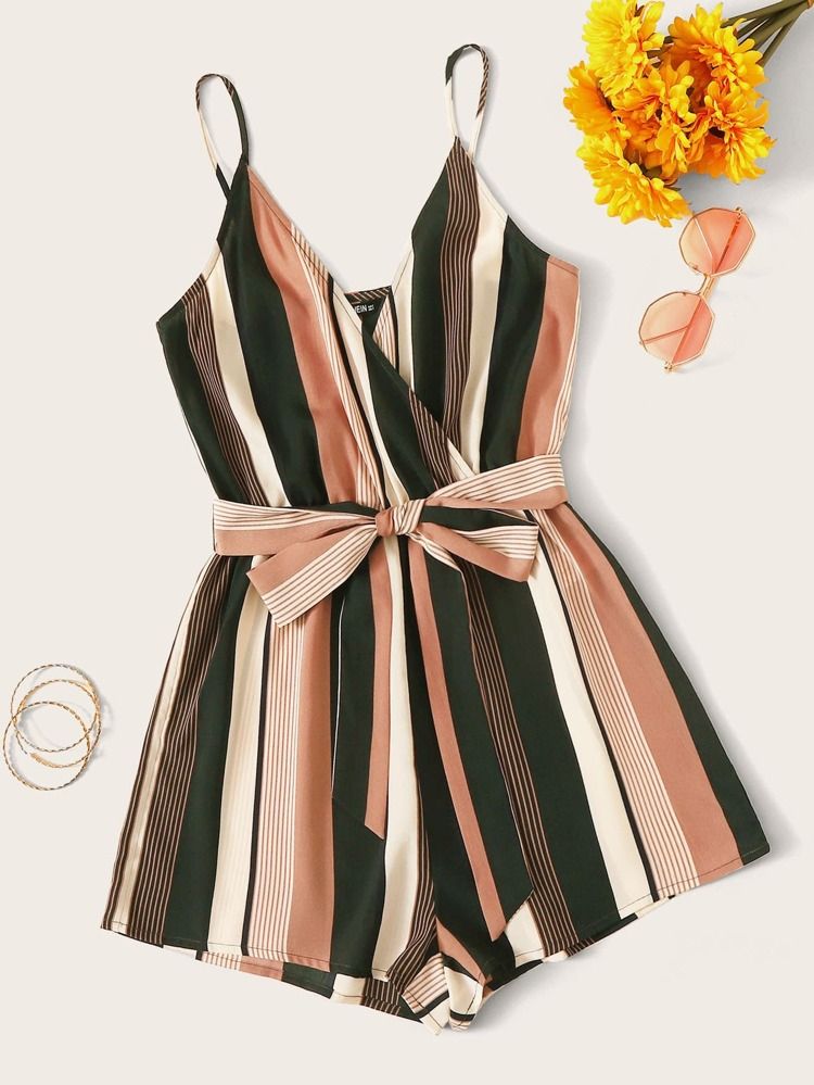 SHEIN Belted Striped Cami Romper | SHEIN