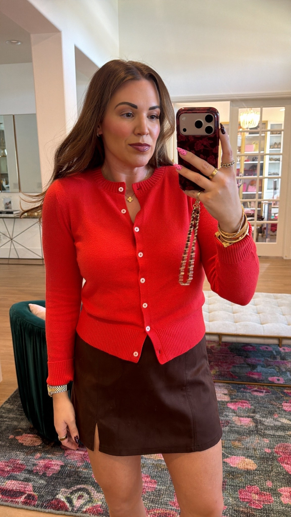 curvy midsize fall outfit! wearing size medium in cropped red cardigan and size medium in faux suede chocolate brown mini skirt 🤎 loveee the leopard triangle scarf! full outfit is 40% off

#LTKSeasonal #LTKMidsize #LTKSaleAlert