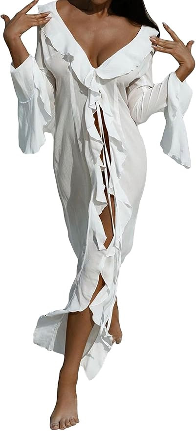 NRTHYE Women Mesh Long Flowy Kimono Cardigan Sexy Sheer Long Sleeve Ruffled Chiffon Duster Robe S... | Amazon (US)