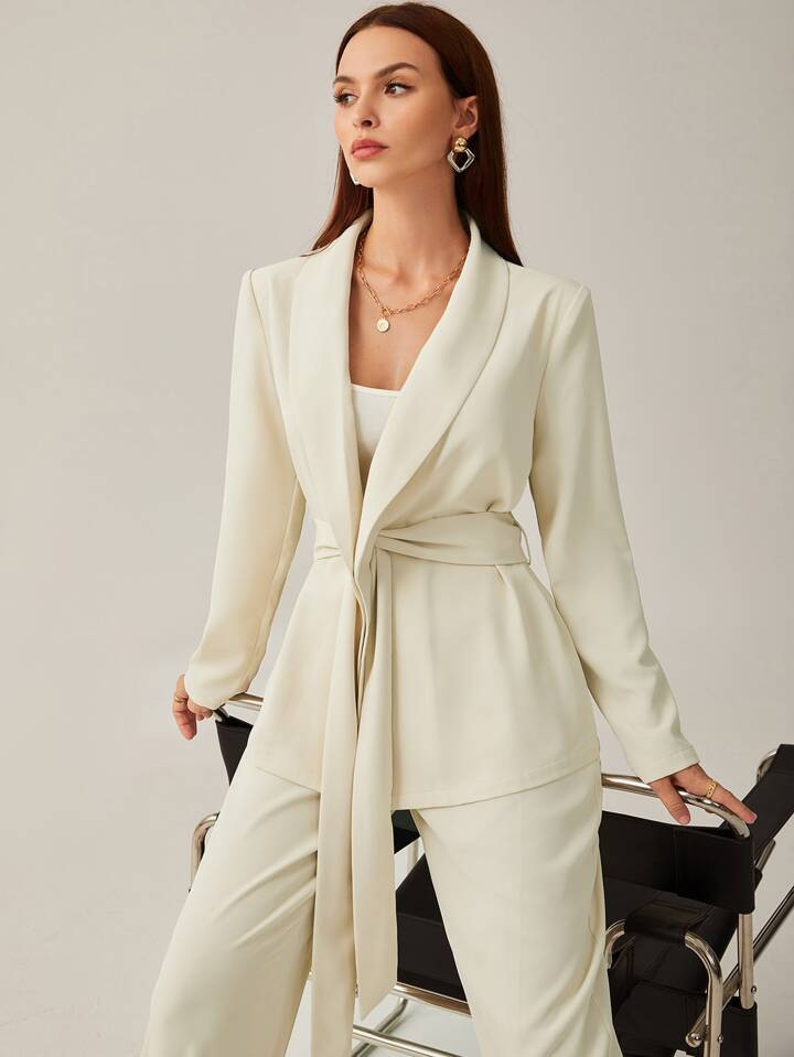 SHEIN BIZwear Solid Shawl Collar Belted Blazer Workwear | SHEIN