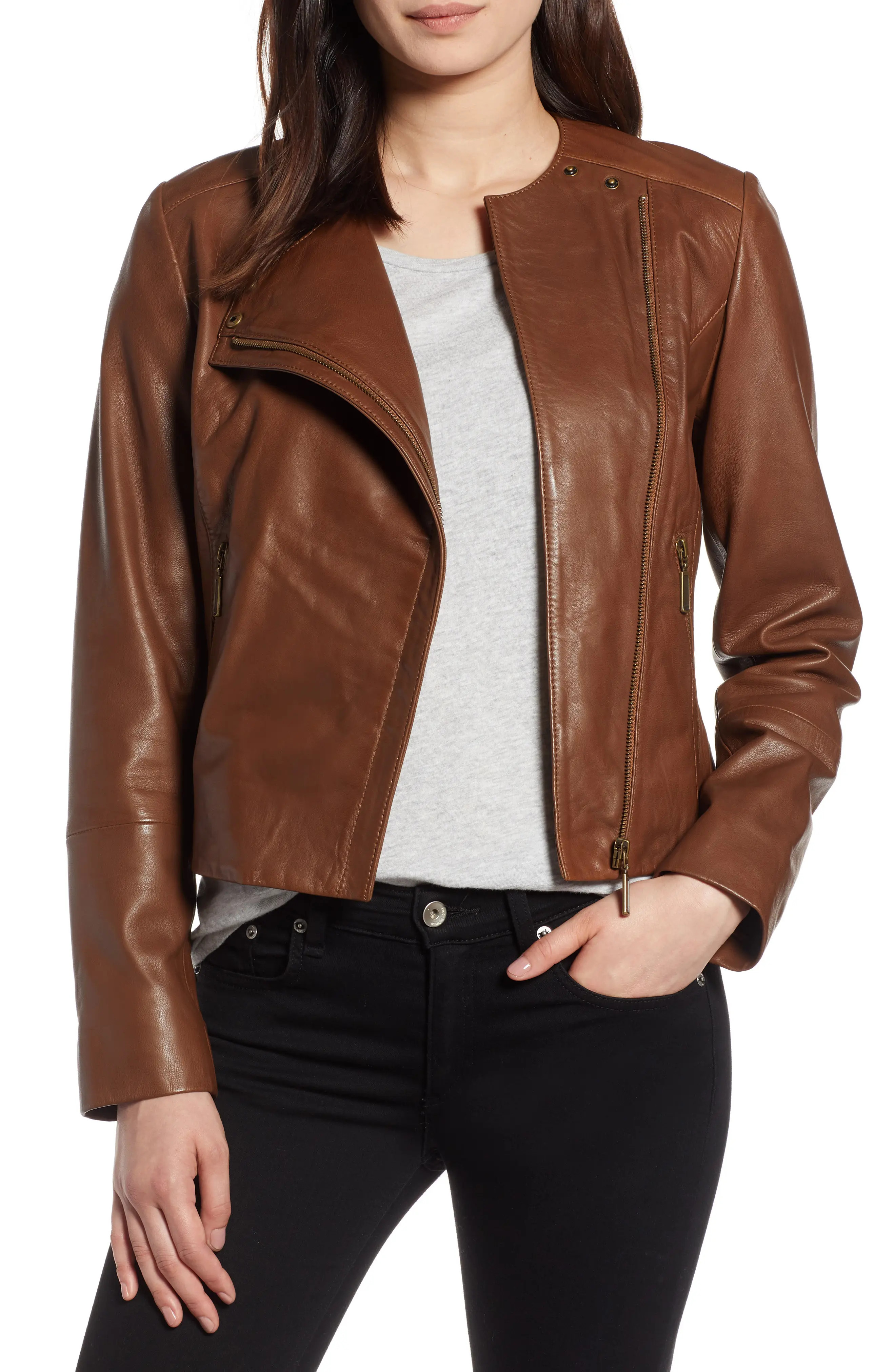 Halogen® Collarless Leather Jacket (Regular & Petite) | Nordstrom