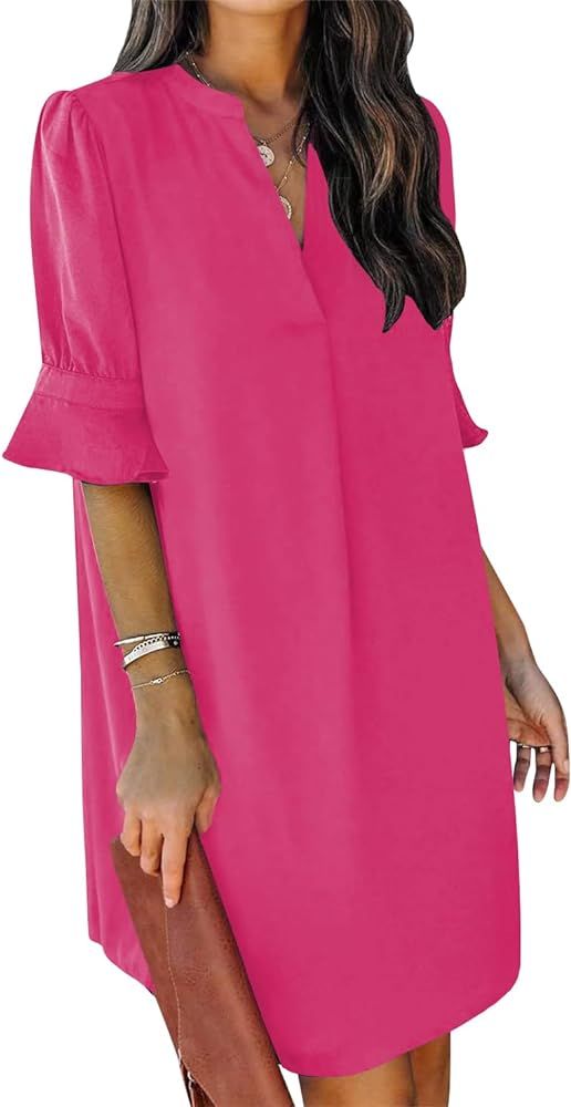QACOHU Summer Dresses for Women V Neck Ruffle Short Sleeve Casual Shift Dress | Amazon (US)