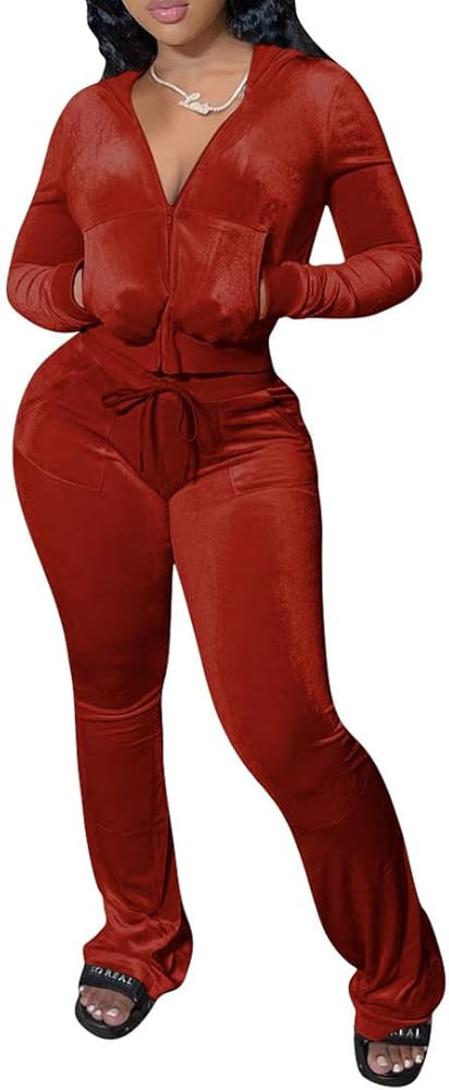 Yeshire Women's 2 Piece Outfits Velvet Sweatsuits Zip-up Hoodie Jacket Casual Jogging Set Tracksu... | Amazon (US)