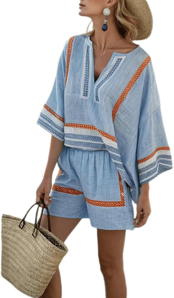ksotutm Womens Vacation Outfits Boho Print V Neck Short Sleeve Top Pocket Loose Shorts 2 Piece Se... | Amazon (US)
