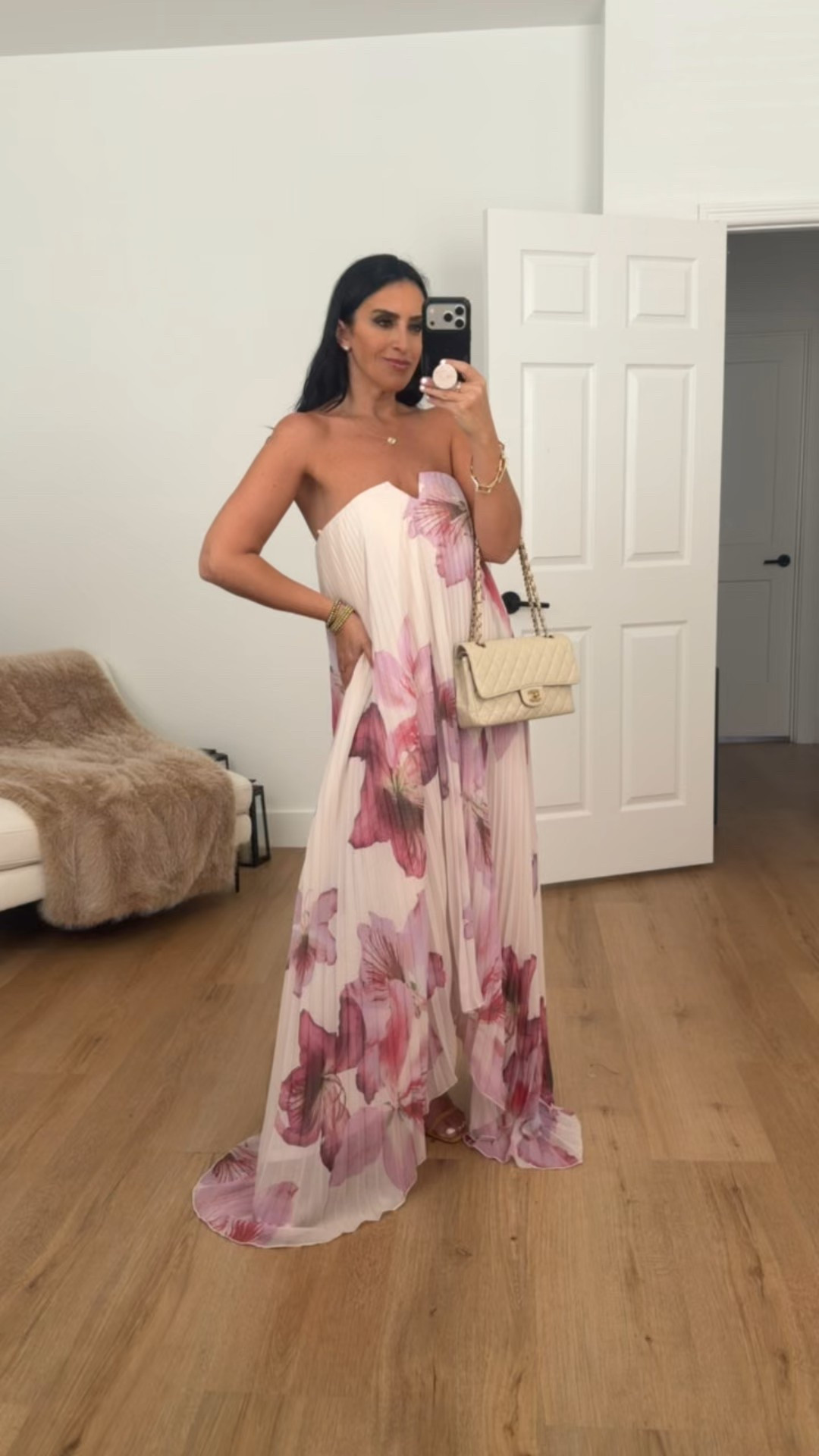 Floral Pleated Strapless Maxi Dress