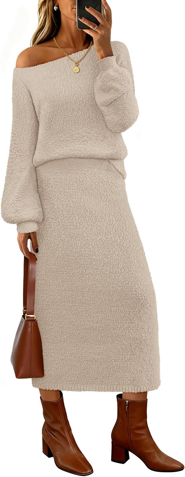 MEROKEETY Women's Fuzzy 2 Piece Outfit Winter Long Sleeve Off Shoulder Pullover Top Midi Skirt Ma... | Amazon (US)