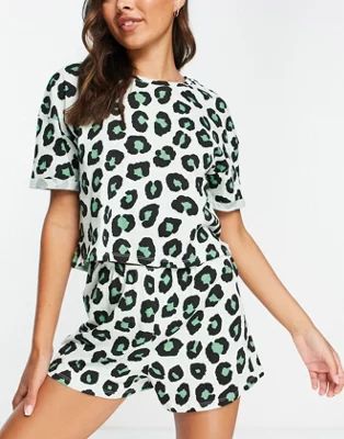 Lindex Exclusive Jenna organic cotton leopard print t-shirt and short set in mint | ASOS (Global)