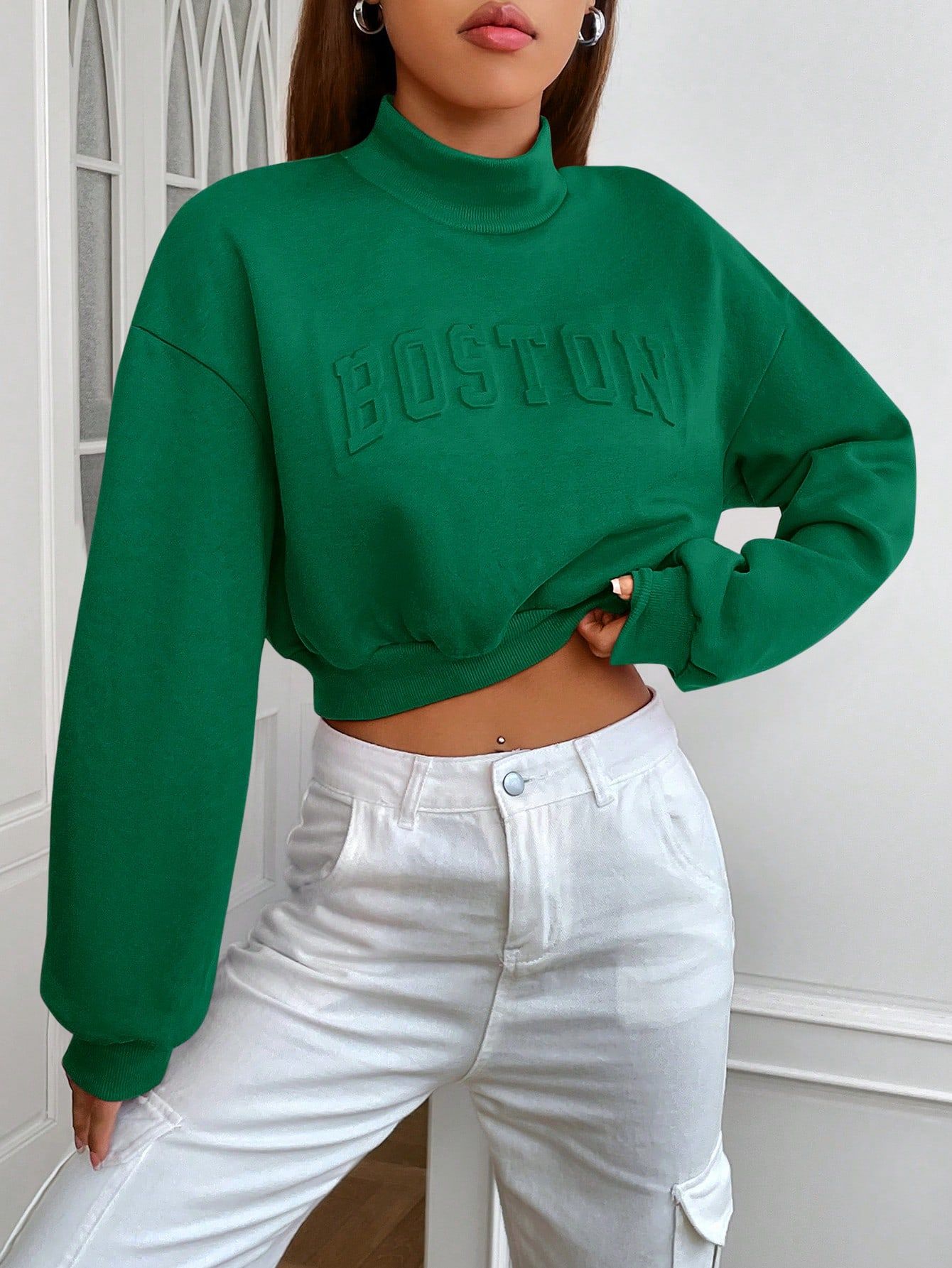 SHEIN EZwear Letter Embroidery Mock Neck Drop Shoulder Crop Sweatshirt | SHEIN