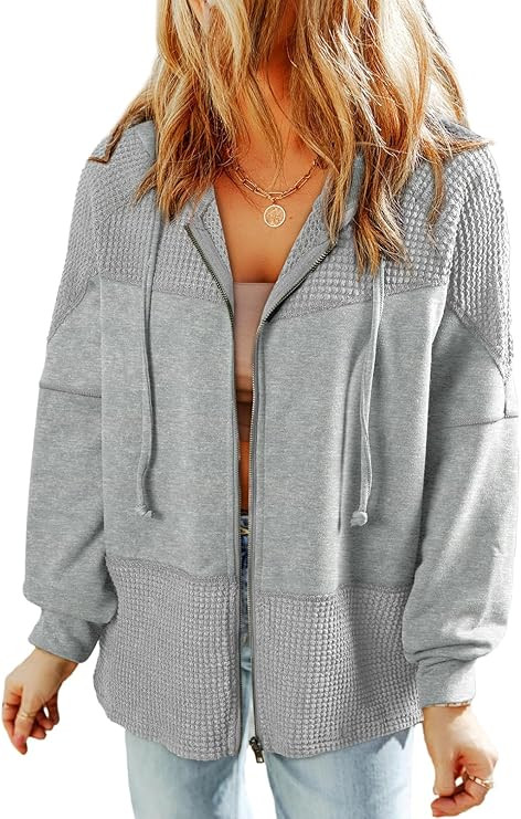 Dokotoo Waffle Knit Hoodies for Womens Zip Up Fall Outfits 2024 Drawstring Casual Oversized Jacke... | Amazon (US)