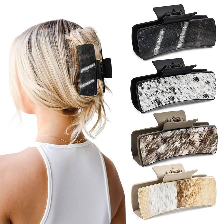 DEEKA 4 Pack Large Western Hair Clips Artificial Leather Cowhide Pattern Hair Claw Clips 4" Cowgi... | Amazon (US)