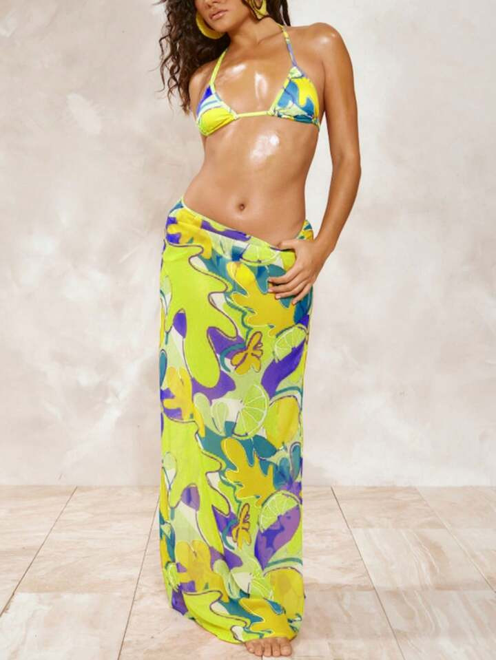 Women's Printed Sexy Bikini Set With 3 Pieces Including Strap And Sweet Beach Vacation Swimwear | SHEIN