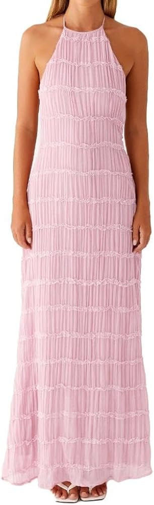 ABYOVRT Women Backless Dress Sleeveless Textured Halter Open Back Maxi Dresses Vacation Wedding G... | Amazon (US)