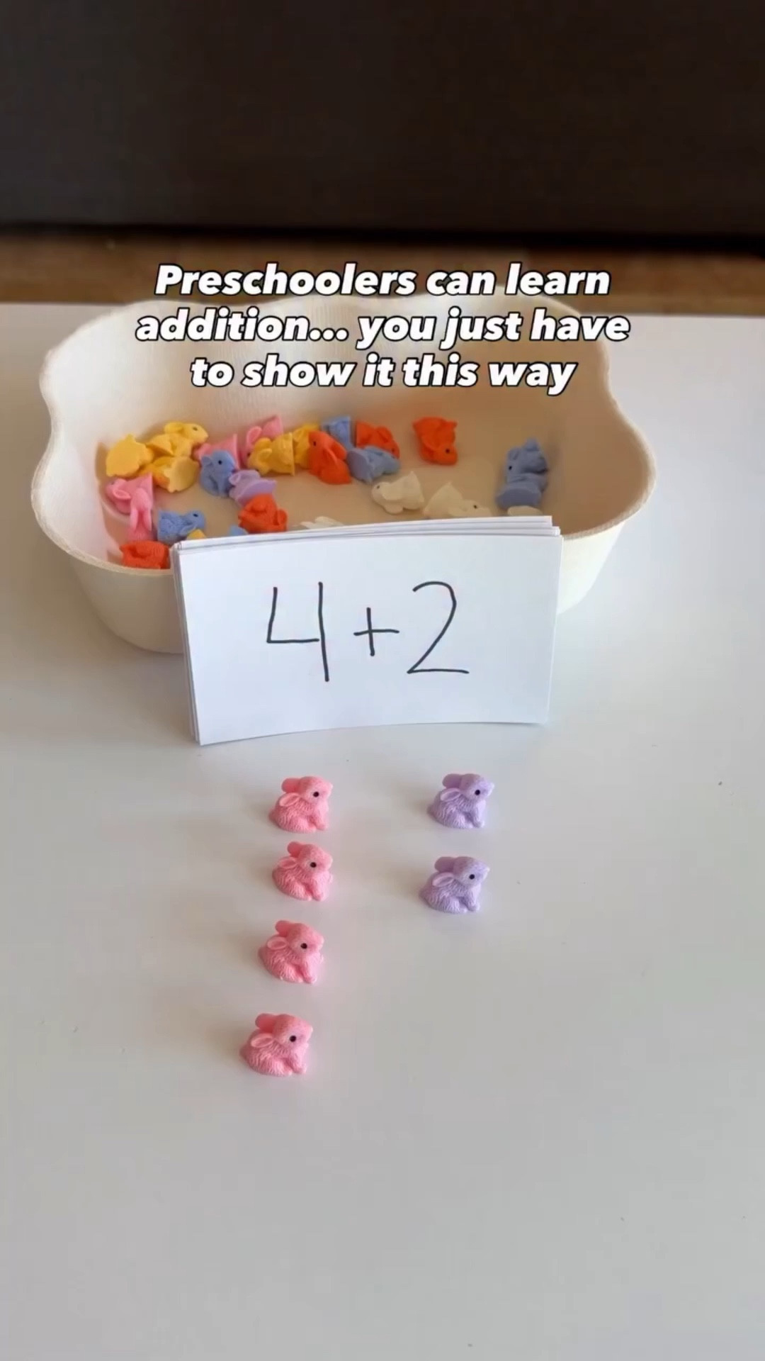 Bunny Math Series (Part 4): A simple way to introduce addition 🐇➕

One of my favorite ways to show kids what addition actually means.

First we counted one color of bunnies, then used another color for the other number, finally we pushed them together and counted the total.

It’s such a simple visual way for kids to see that addition is really just putting groups together. Even preschoolers can understand it this way.

While they play, they’re practicing:
• counting with 1:1 correspondence
• understanding part + part = whole
• early addition concepts
• comparing quantities

Simple, hands-on math like this helps kids understand the concept, not just memorize numbers.

#LTKSeasonal #LTKKids #LTKmomlife