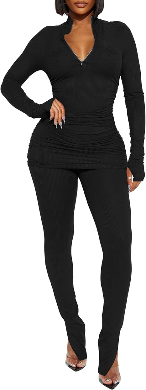 Kaximil Women's Sexy 2 Piece Outfits Sweatsuits Half Zip Tracksuit Long Sleeve Ribbed Legging Pan... | Amazon (US)