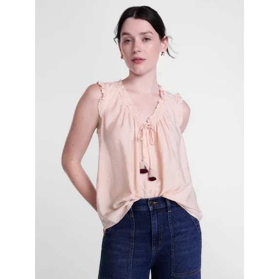 Scenario Women's and Women's Plus Ruffle Neck Tank Top with Tie Front, Sizes XS-4X | Walmart (US)