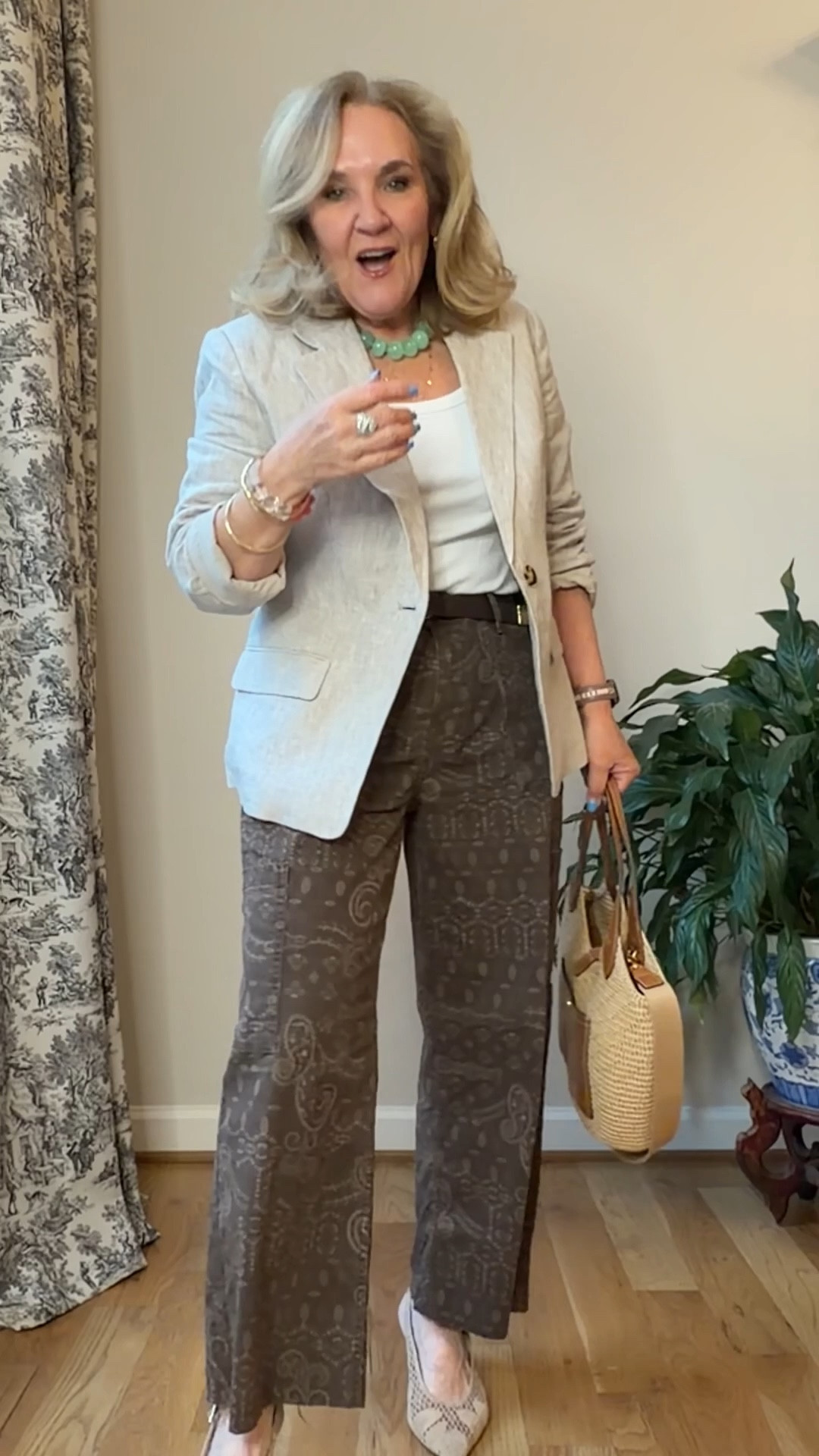 Bandana print pants size medium short I cut 3” off the bottom available in short or long right now v
Blue cardigan medium 
Blue linen shirt medium 
Linen blazer medium 
My new bracelet stack is launching Thursday 4/2!!! 
10% off my Eric javits bag with code NANETTE

#LTKPetite #LTKOver40 #LTKootd