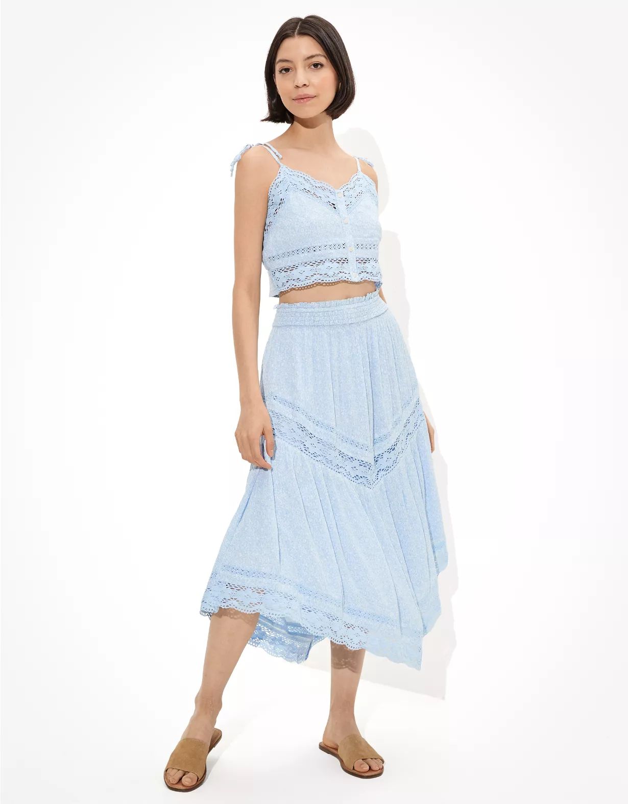 AE Lace Tiered Midi Skirt | American Eagle Outfitters (US & CA)