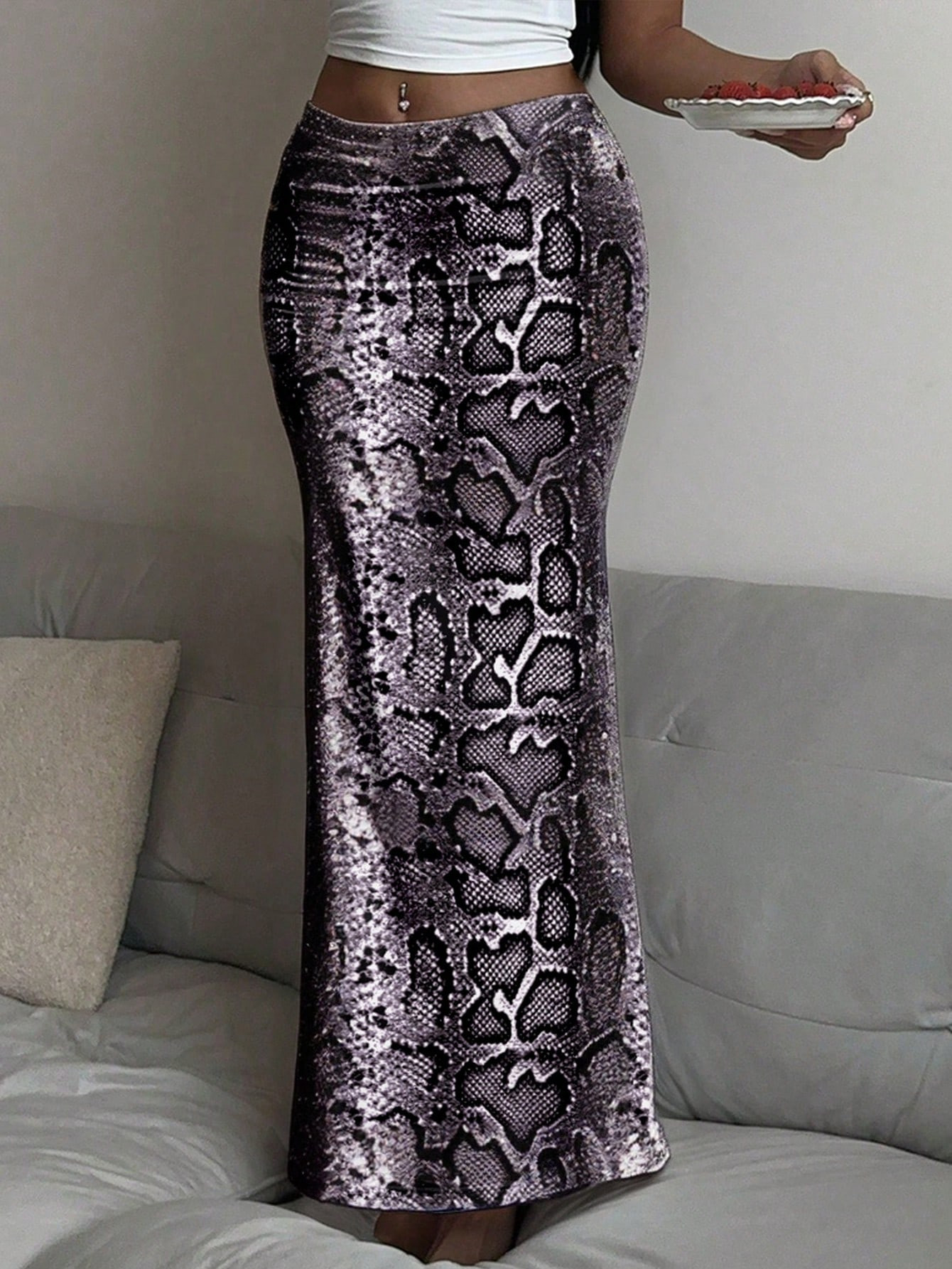 SHEIN SXY Women's Snake Skin Pattern Low Waist Long Knitted A-Line Skirt, Suitable For Spring, Su... | SHEIN