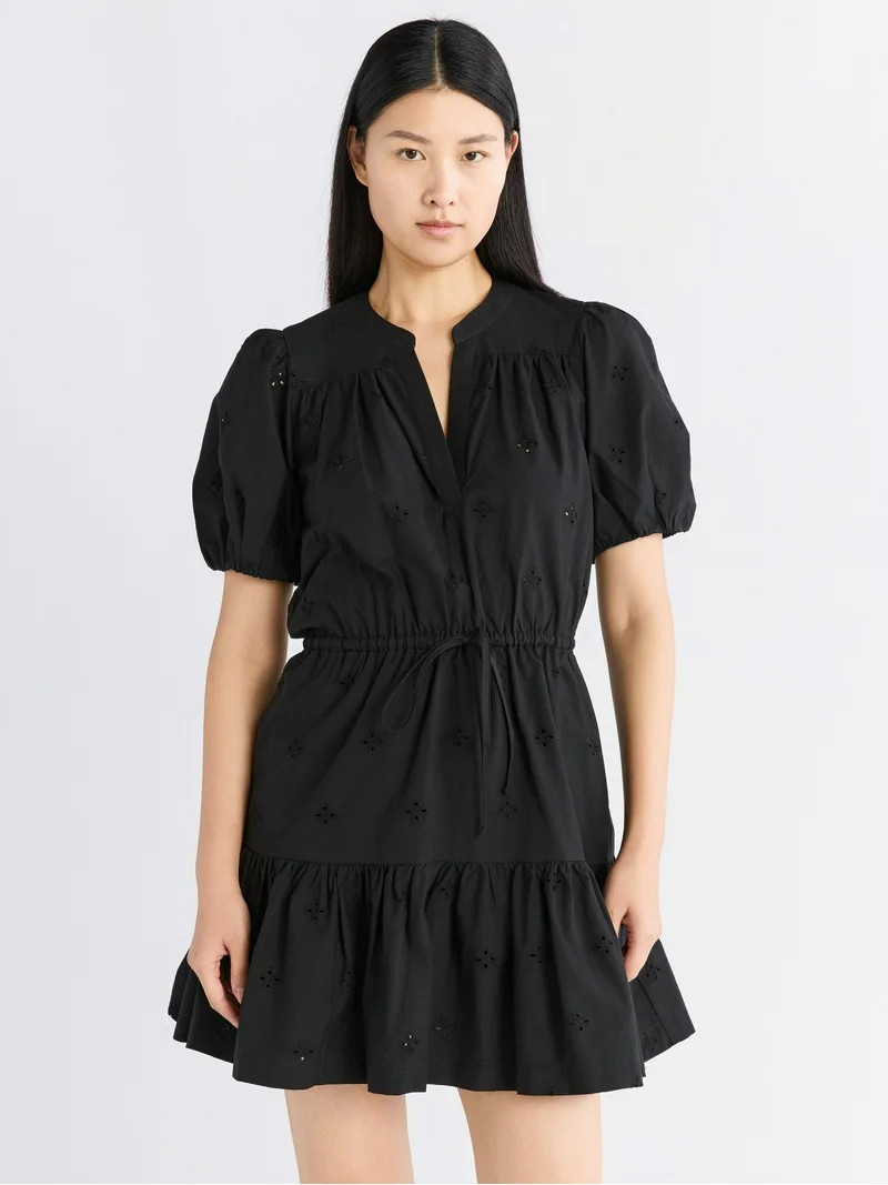 Free Assembly Women's and Women's Plus Cotton Eyelet Tiered Mini Dress with Puff Sleeves, Sizes X... | Walmart (US)