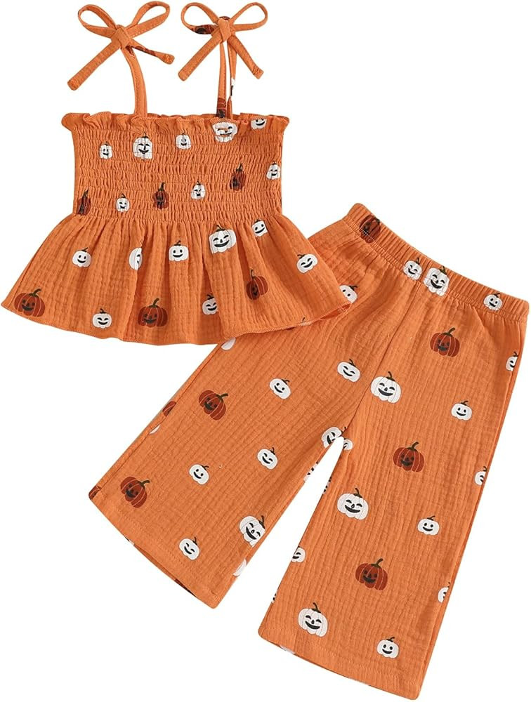 VISGOGO Halloween Toddler Girl Outfit Pumpkin Smocked Tie-up Spaghetti Strap Tops Leg Pants Hallo... | Amazon (US)