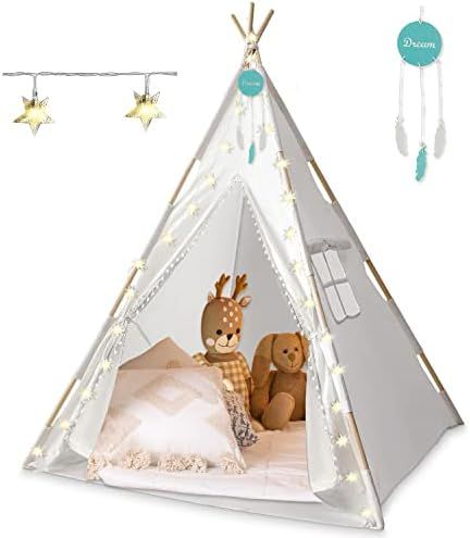 Amazon.com: Teepee Tent for Kids - Indoor Tent, Pompon Ball Design, Built-in Mat, Inner Pockets, ... | Amazon (US)