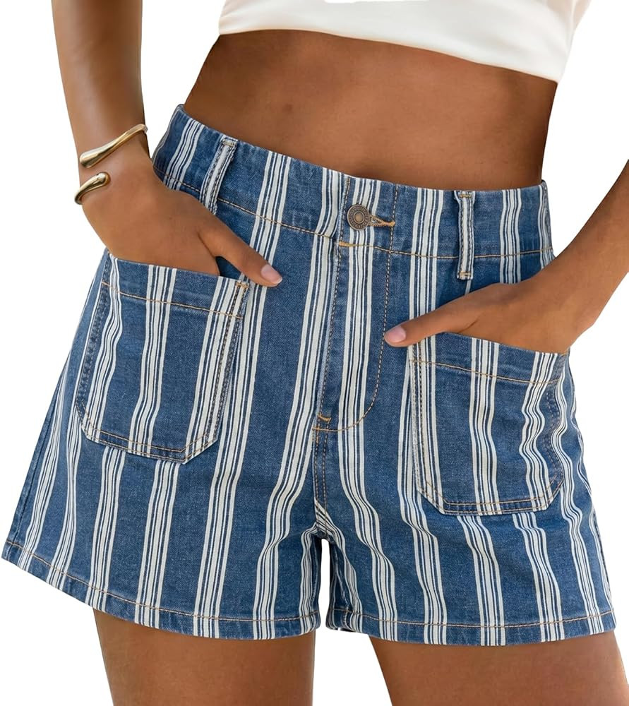 Cicy Bell Womens Summer Striped Jean Shorts Casual High Waisted Wide Leg Denim Shorts Beach Vacat... | Amazon (US)