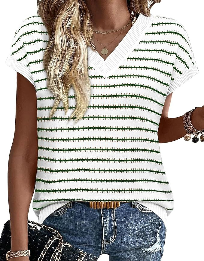 WIHOLL Womens Short Sleeve Sweater V Neck Cute Summer Fall Striped Pullover | Amazon (US)