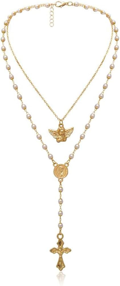 Kercisbeauty Gold Rosary Necklace with Angel Vrigin Mary Gold Cross Necklace for Women Ladies Lay... | Amazon (US)