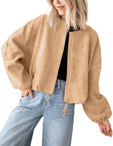 Tanming Womens Faux Suede Leather Jacket Casual Oversized Long Sleeve Zip Up Bomber Jackets Coats... | Amazon (US)