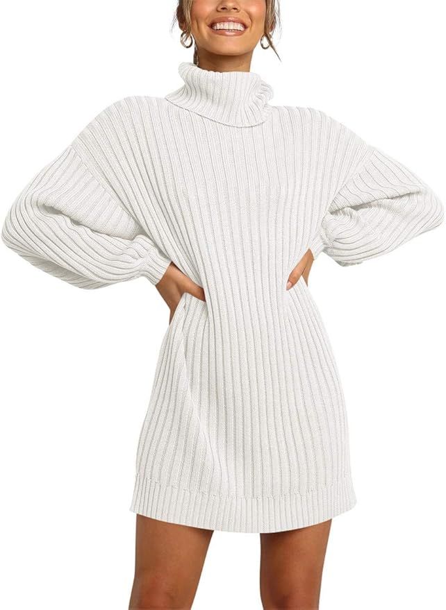 Prinbara Women Turtleneck Long Lantern Sleeve Casual Loose Oversized Sweater Dress Soft Winter Pu... | Amazon (US)