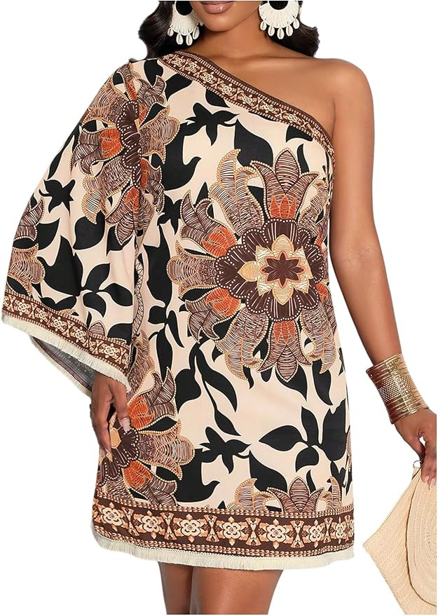 Verdusa Women's Vintage Tropical One Shoulder Tassel Wedding Guest Dress Elegant Vacation Dresses | Amazon (US)