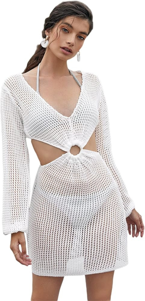 MakeMeChic Women's Long Sleeve Deep V Neck Hollow Out Knitted Cover Up Beach Dress Swimwear | Amazon (US)