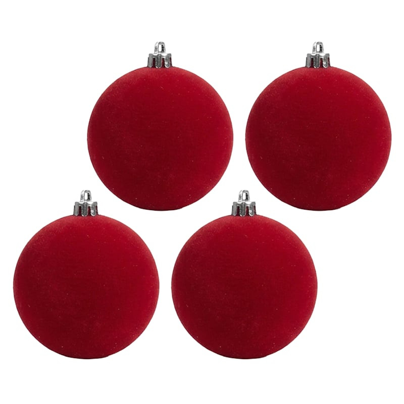 4-Count Red Flocked Ornaments, 3.9" | At Home