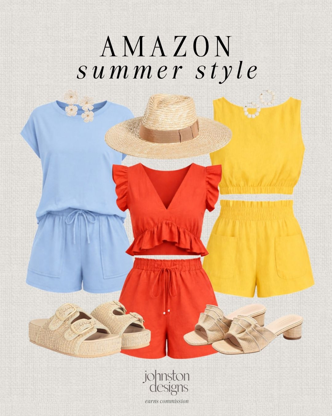 Amazon summer style finds with bright matching sets, straw hats and easy warm-weather sandals. ☀️

Amazon style, summer style, matching sets, colorful outfit, blue set, red set, yellow set, straw hat, platform sandals, heeled sandals, flower earrings, vacation outfit, beach look, warm weather fashion, affordable finds 

 #LTKootd #LTKSeasonal