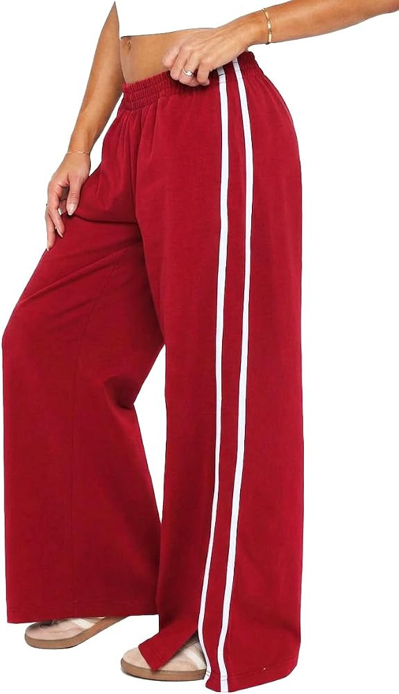 Women's Elasticated Waistband Side Pockets Double Stripe Split at Bottom Hem Wide Leg Pants | Amazon (US)