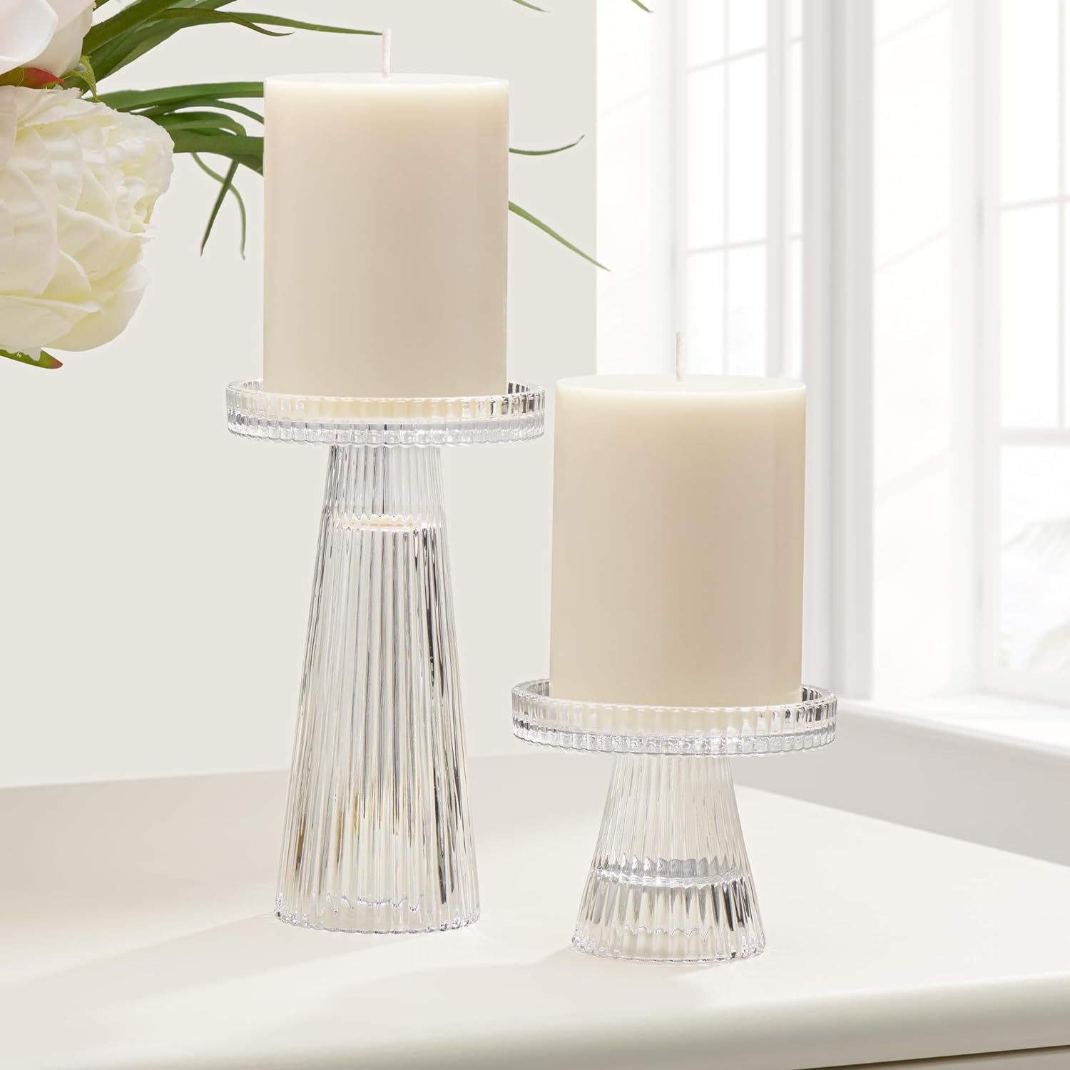 Torre & Tagus Reversible Single Glass Candle Holder & Vase for Pillar Candles & Flowers, Ribbed C... | Amazon (US)
