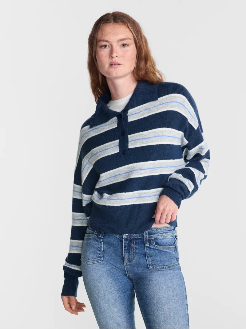 No Boundaries Rugby Collared Sweater, Lightweight, Women's and Women's Plus XXS-4X | Walmart (US)