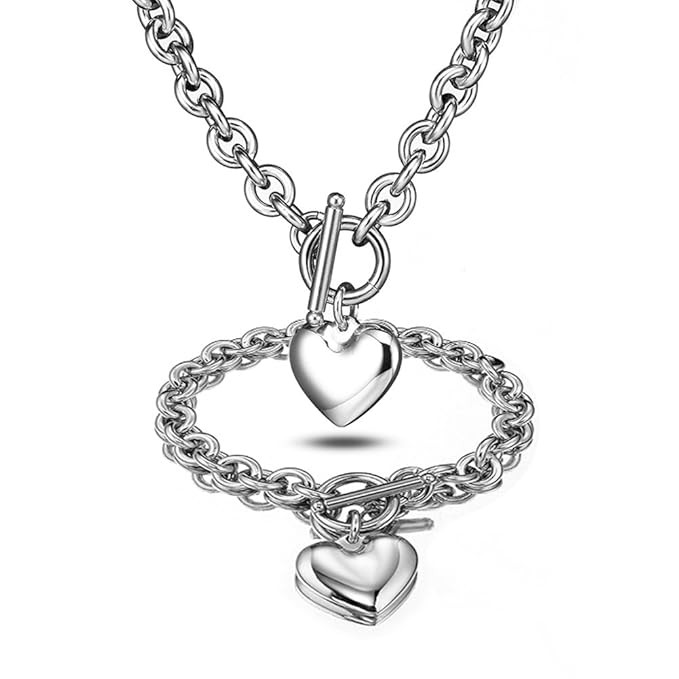 Heart Pendant Necklace and Bracelet Chain Stainless Steel Silver Drop White Jewelry Set | Amazon (US)