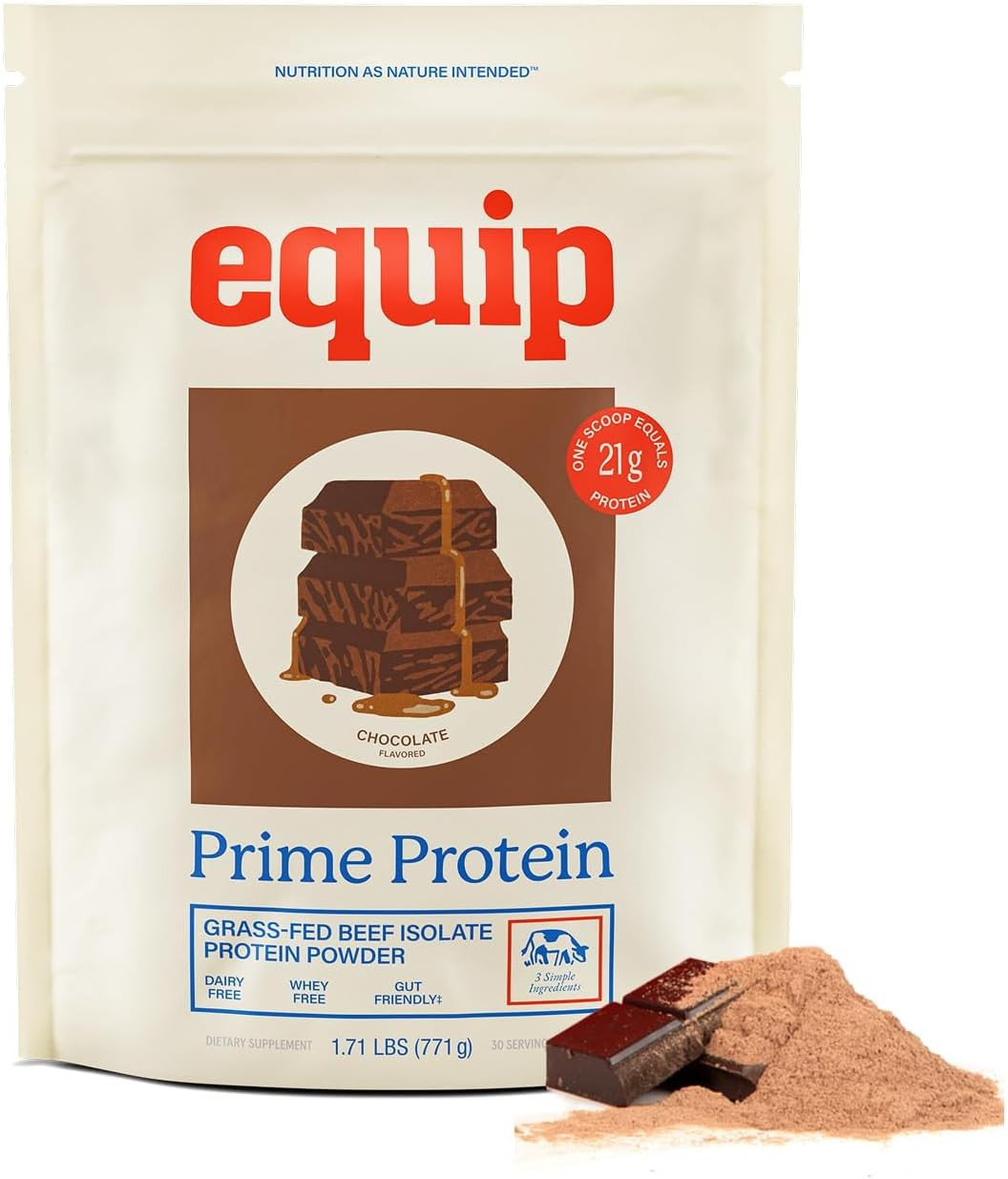 Equip Prime Chocolate Protein Powder - Gut-Friendly, No Sugar Protein Shake Powder with Grass-Fed Beef & Natural Collagen - Rich & Creamy Mix - 21g Per Serving - Whey & Dairy-Free (30 Scoops) | Amazon (US)