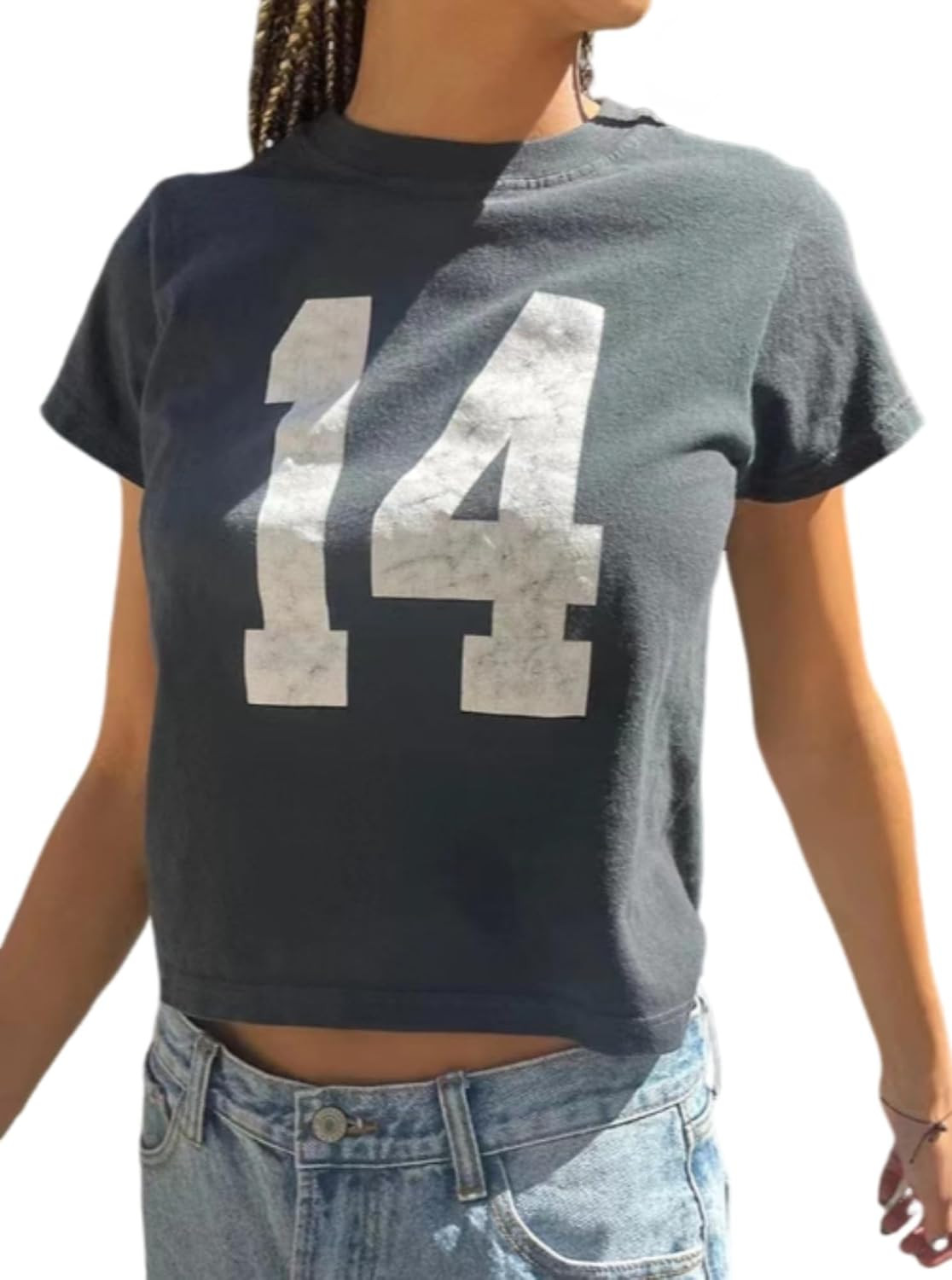 Pinclodly Graphic Tees for Women Number 14 Fitted Jersey Short Sleeve Crewneck Crop Tops Y2K Baby Tee Tops | Amazon (US)